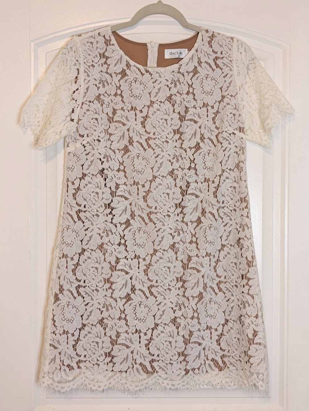 Space 46 Ivory Cream Lace Overlay Short Sleeve Mini Dress